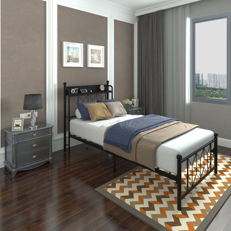 Cadres de lit simple avec DEL pour la détente nocturne, téléphones et tablettes de tête de lit avec rangement, structure en métal solide, sans sommier, rangement sous le lit, éclairage de la chambre de 40,94 po de largeur, lecture