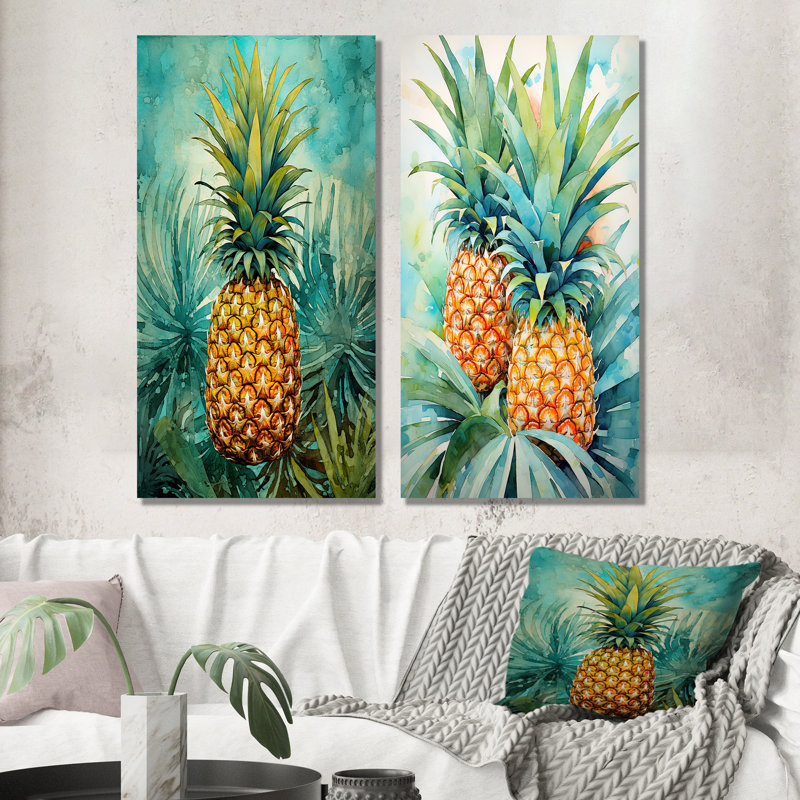 Ensemble de 2 décorations tropicales bleu sarcelle et ananas Paradiso, H 28 po x l 25 po, Toile tendue