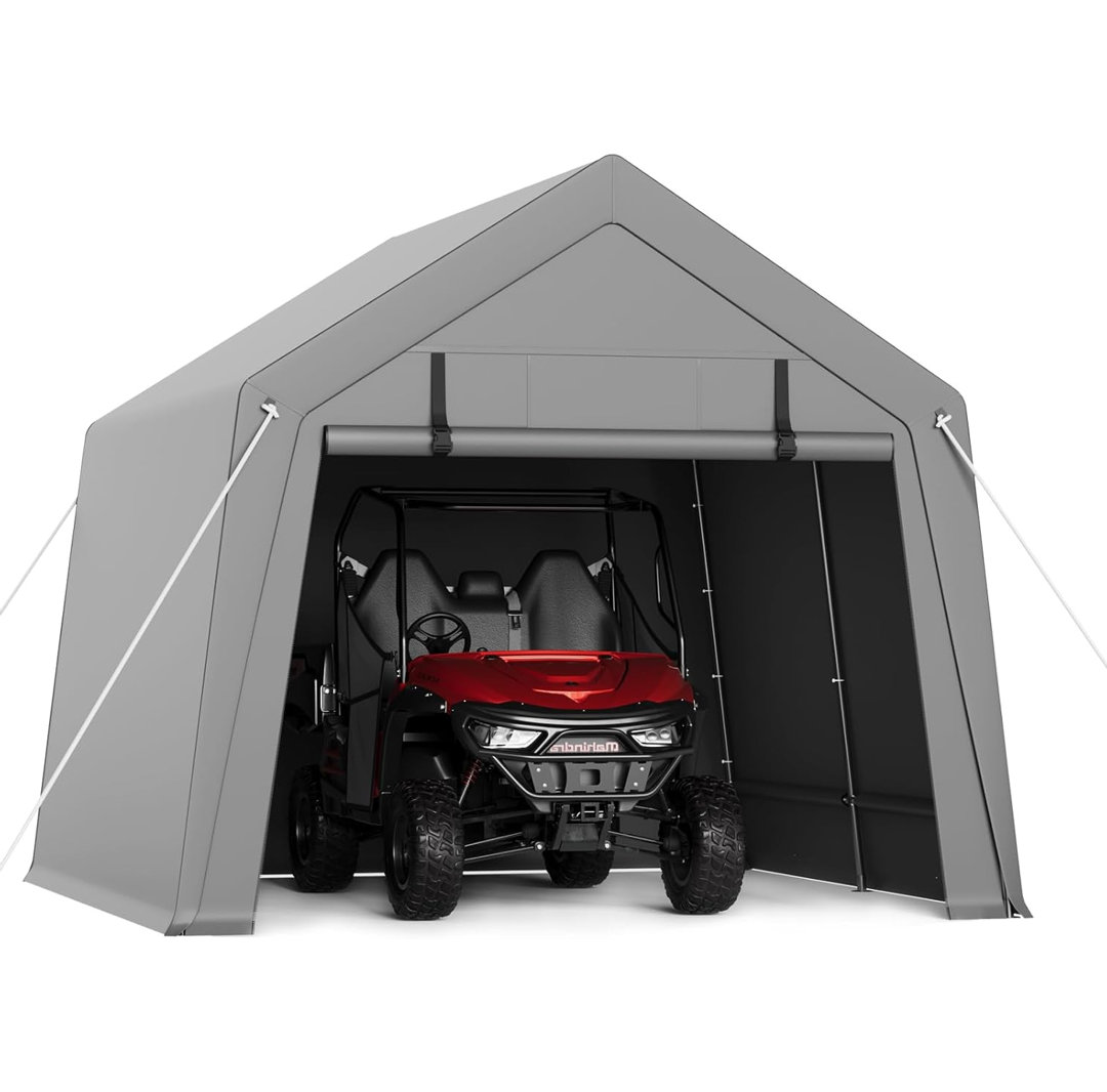 Carport Storage Shed, Portable Garage with Roll-up Zipper Door, Heavy Duty Waterproof Tarp, Storage for Motorcycle, Bike, Firewood, Garden Tools