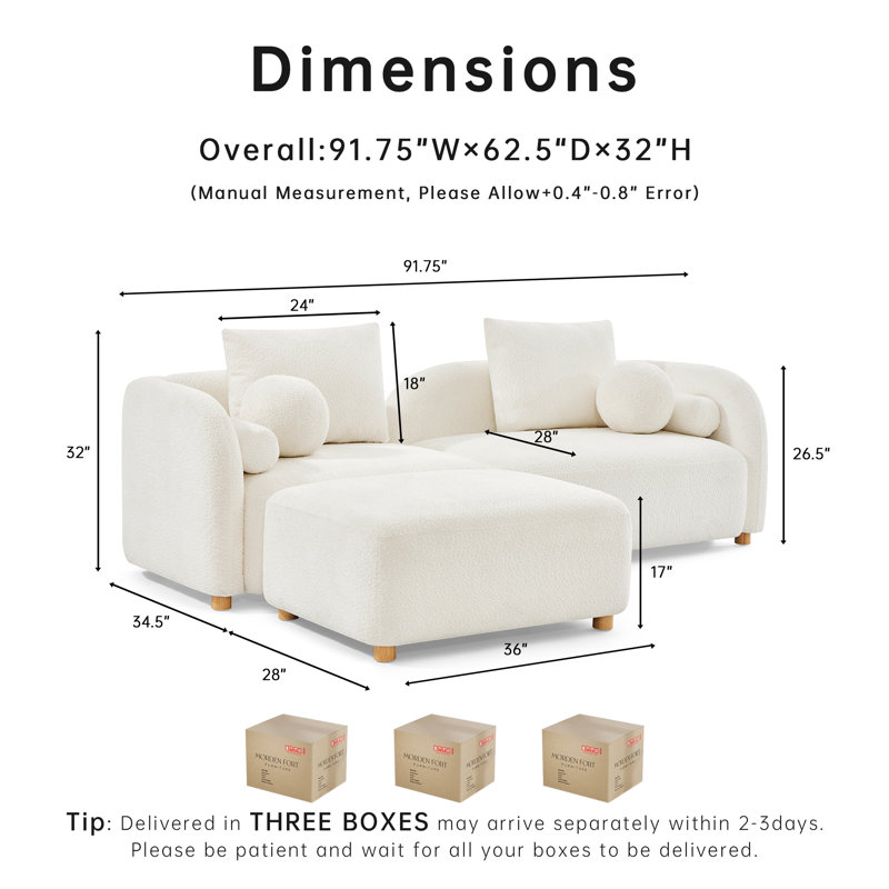  91" L-Shaped Boucle Sectional Sofa, Upholstered Curved Couch with Movable Ottoman and 6 Accent Pillows for Living Room and Apartment