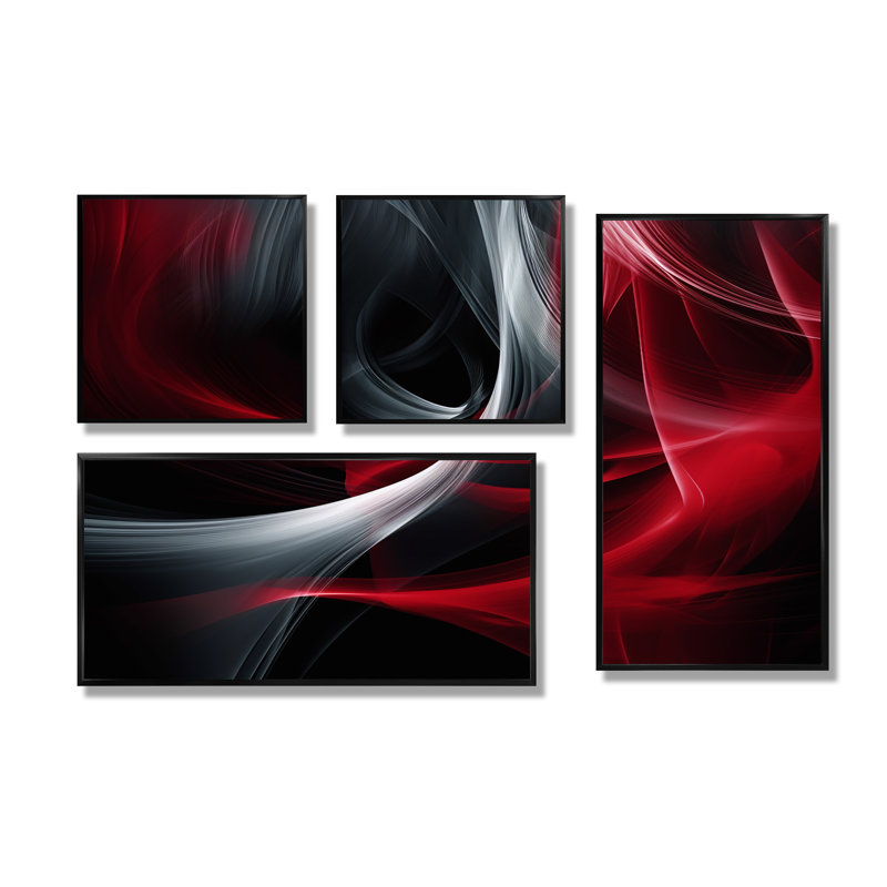 «Red» Black Contemplative Abstraction X - Red Wall Art, 4 pièces, Noir, Reproduction encadrée sans passe-partout