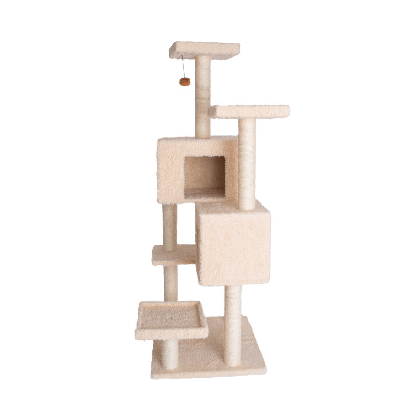 Beige Multi-Level Sisal and Faux Fur Cat Tree with Condos