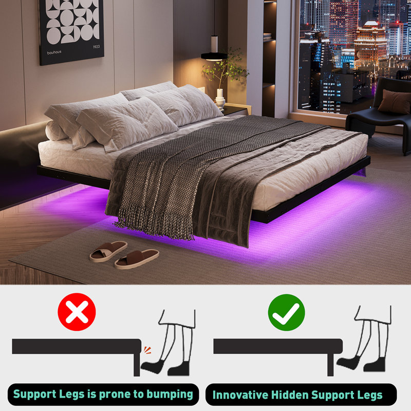 14" King Bed Frame with LED Lights & Power Outlets, Shin-Friendly Set-Back Legs, No Box Spring Needed, King, 14"