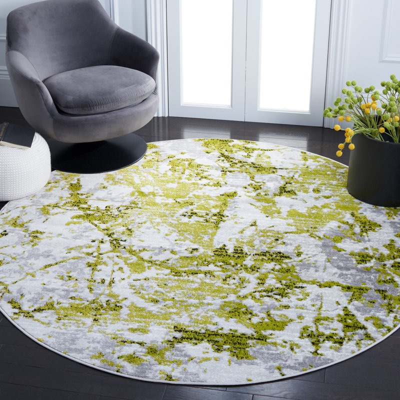 Tapis abstrait gris / vert, Rond 6 pi 7 po
