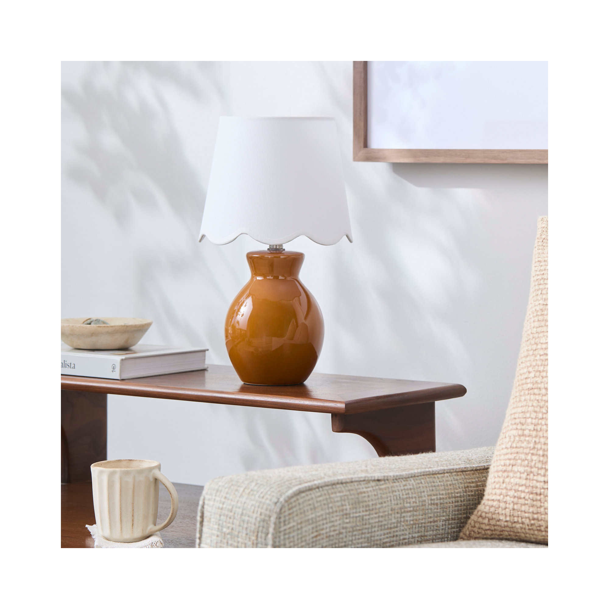 Momsen Scallop Shade Lamp, White Twill, 15"" H x 8"" W x 8"" D, Brown
