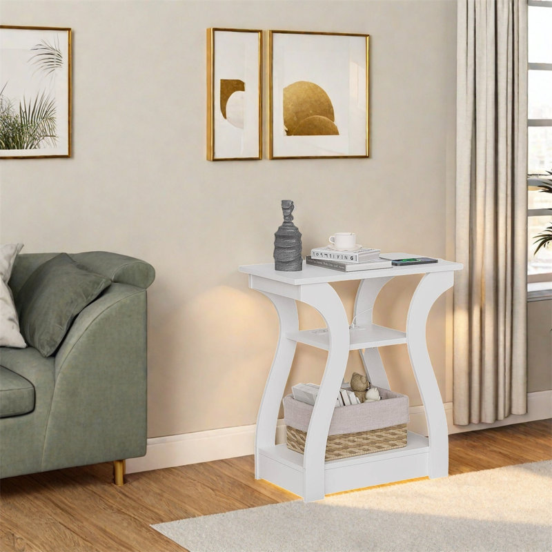 Table d'appoint multifonctionnelle avec station de charge - ports et prises USB, table de chevet et table de bout, Blanc
