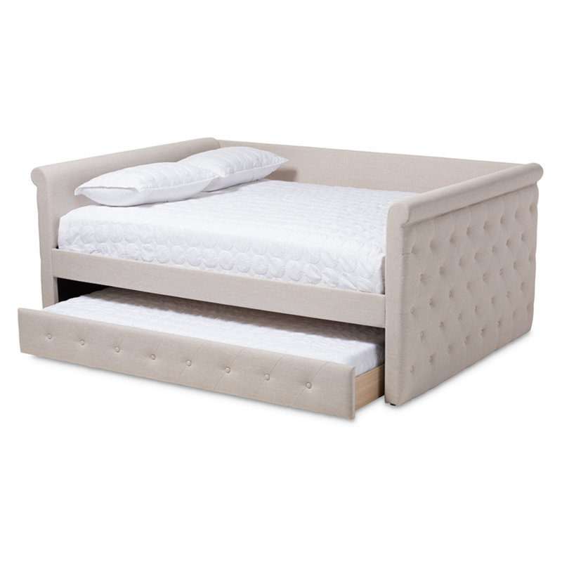 Lit de jour tapissier avec gigogne Jaila, Grand, Beige clair