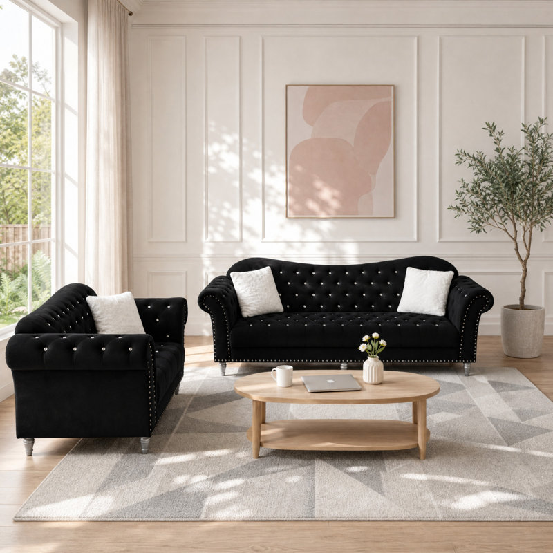 Ensemble de canapés Chesterfield 2 pièces, Noir, noir, noir, noir