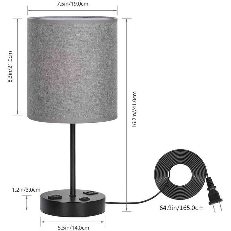 Lampe de table noire 16 "avec prise USB et prise