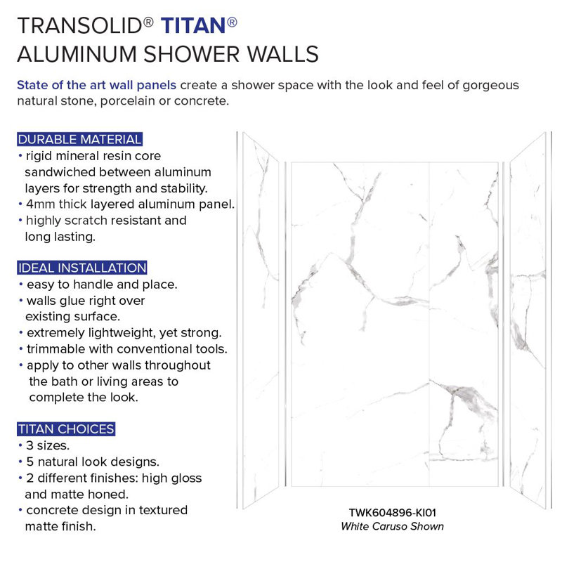 Ensemble de mur de douche Transolid Titan, H 96 po x l 60 po x P 48 po, Blanc brillant Caruso