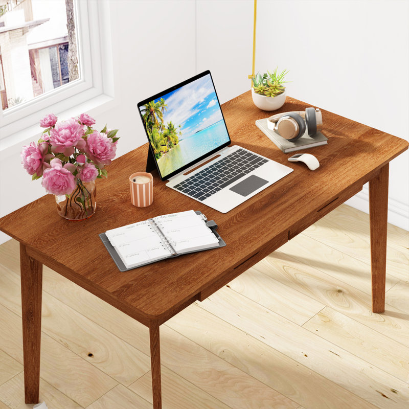 Bureau d'écriture 2 tiroirs avec pieds en bois massif Caidence, H 29,53 po x l 47,2 po x P 21,7 po, Brun / brun
