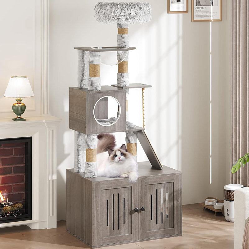 Jaelin Claresa Cat Tree with Litter Box Enclosure, Hidden Washroom Litter Box Tree with Sisal Scratching Post and Soft Plush Perch, Wooden Cat Furniture with Multiple Platforms