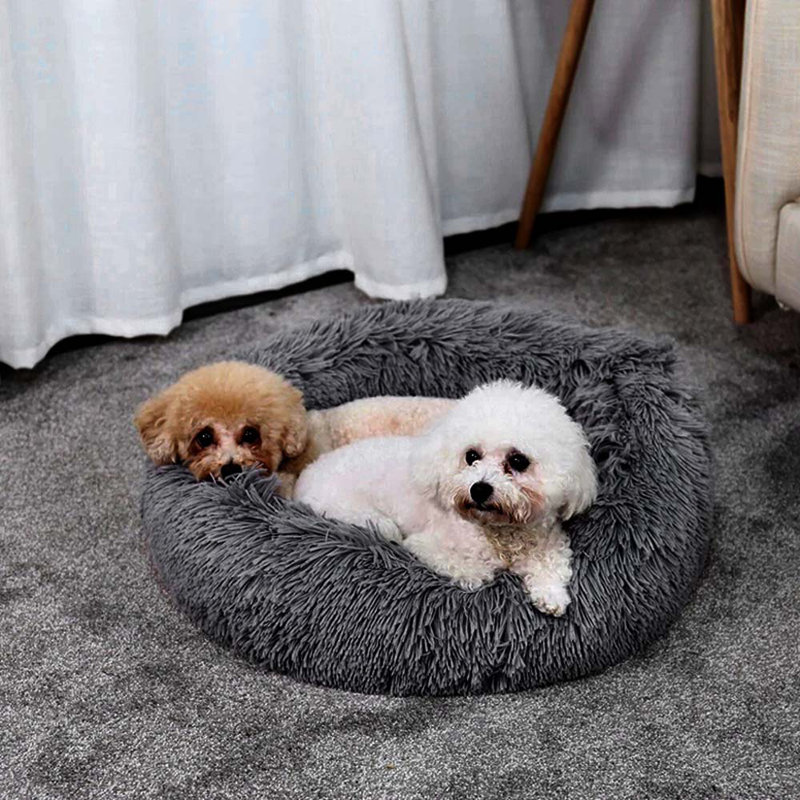 Almaguer Calming Round Donut Plush Dog Cuddler Bed, Small (50cm W x 50cm D), Dark Grey