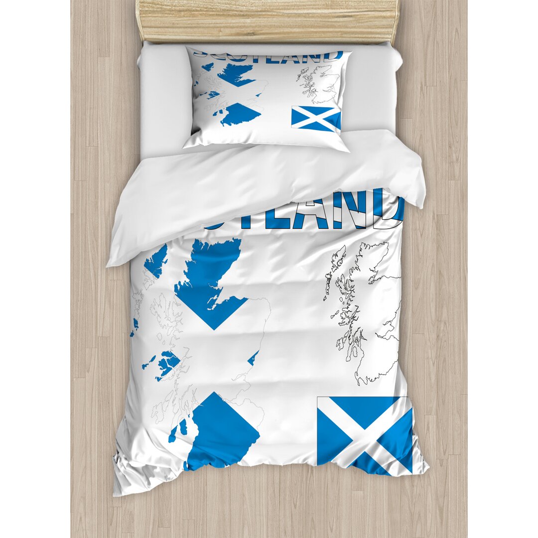 Bettbezug Set, Landkarte und die Flagge, Schottland, Kobaltblau Weiß