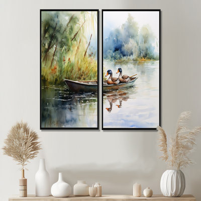 «Ducks In A Little Boat On The Lake», reproduction d'art moderne multicolore sur toile