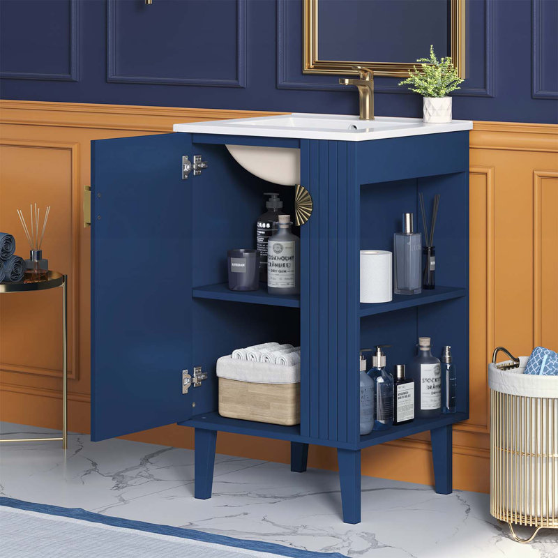 Ensemble de meuble-lavabo simple autoportant, poignées chic en demi-lune, Bleu