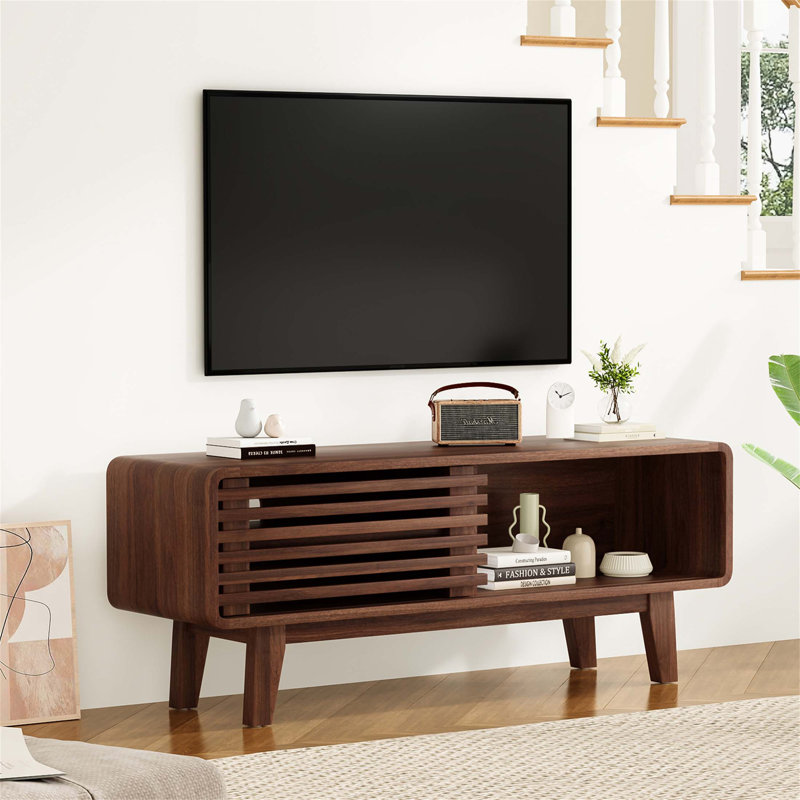 Mid-Modern Century TV Stand For Tvs Up To 59 Inch With Storage Cabinet And Sliding Door, Perfect For Living Room And Bedroom