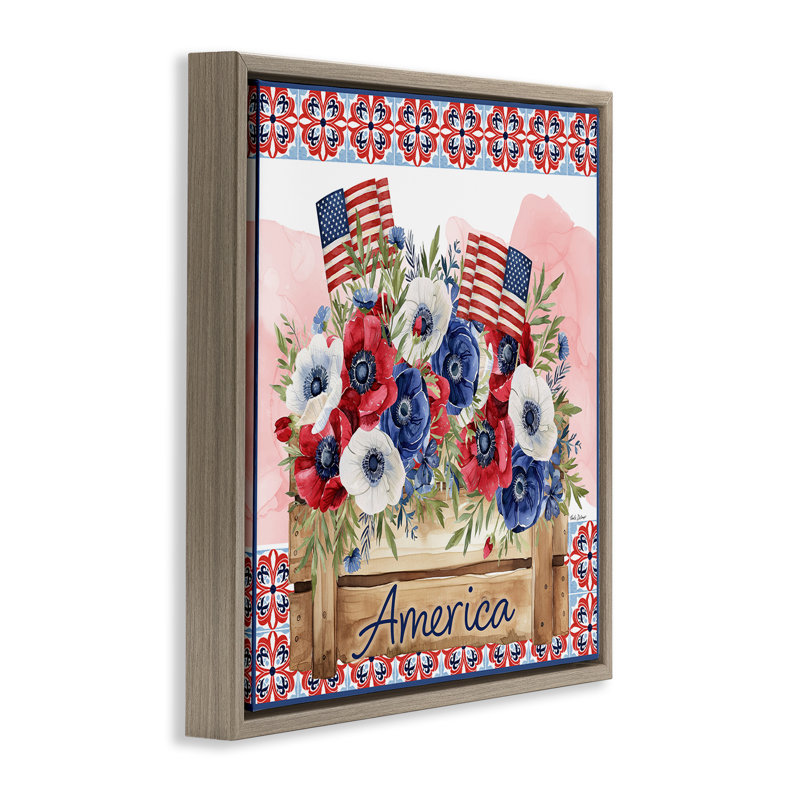 Cadre flottant Patriotic Poppies Bouquet, design par Nicole DeCamp, H 25 po x l 25 po, Cadre flottant orme Montalcino