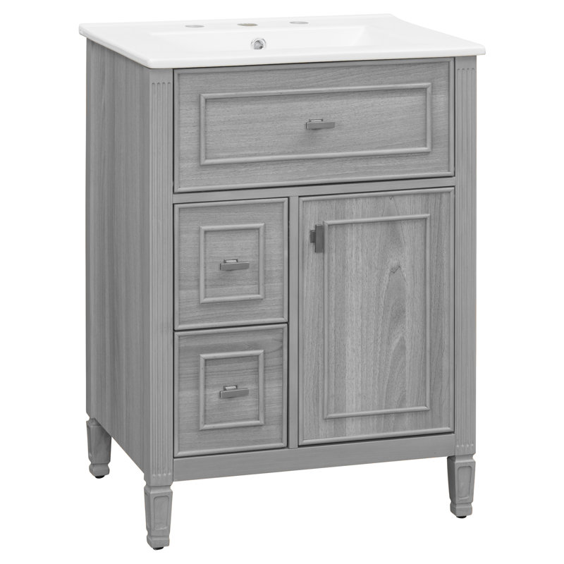 Meuble-lavabo 3 tiroirs 24 po à 3 tiroirs avec plateau en céramique, Gris