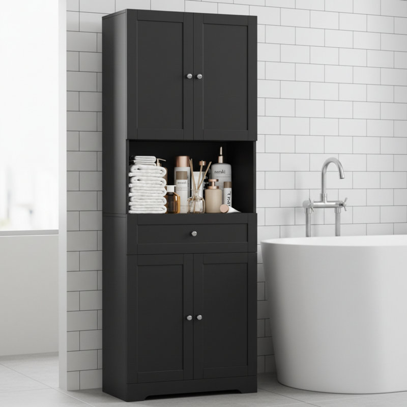 67.5-Inch Tall Black Bathroom Vanity With Four Drawers, Farmhouse Style Freestanding Design., Black