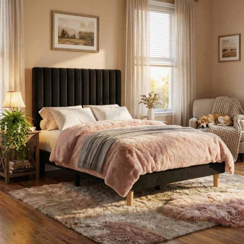 Twin Size Velvet Upholstered Platform Bed Frame with Adjustable Headboard, No Box Spring Required, Easy Assembly, Black, Twin