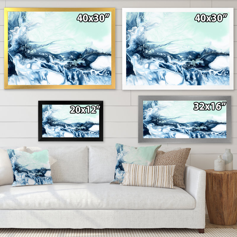 Art liquide bleu et vert - reproduction sur toile, H 24 po x l 32 po, Toile avec cadre de coin noir fermé