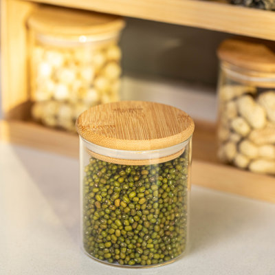 Support à épices et garde-manger en bambou à 2 niveaux avec 6 bocaux en verre Basicwise