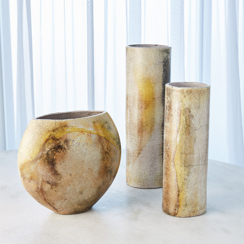 Golden Raku Flat Round Vase