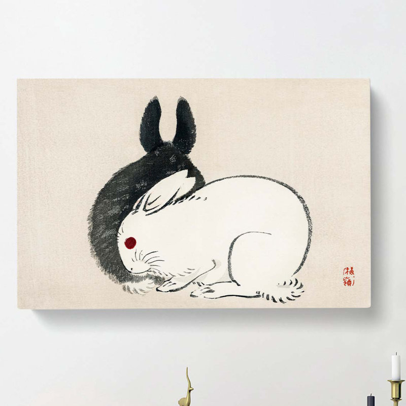 Black & White Rabbits by Kono Bairei - Wrapped Canvas, 60cm H x 91cm W x 3cm D