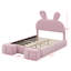 Lit plateforme tapissier pleine grandeur en velours avec tête de lit oreilles de lapin, lumière DEL et 2 tabourets de rangement