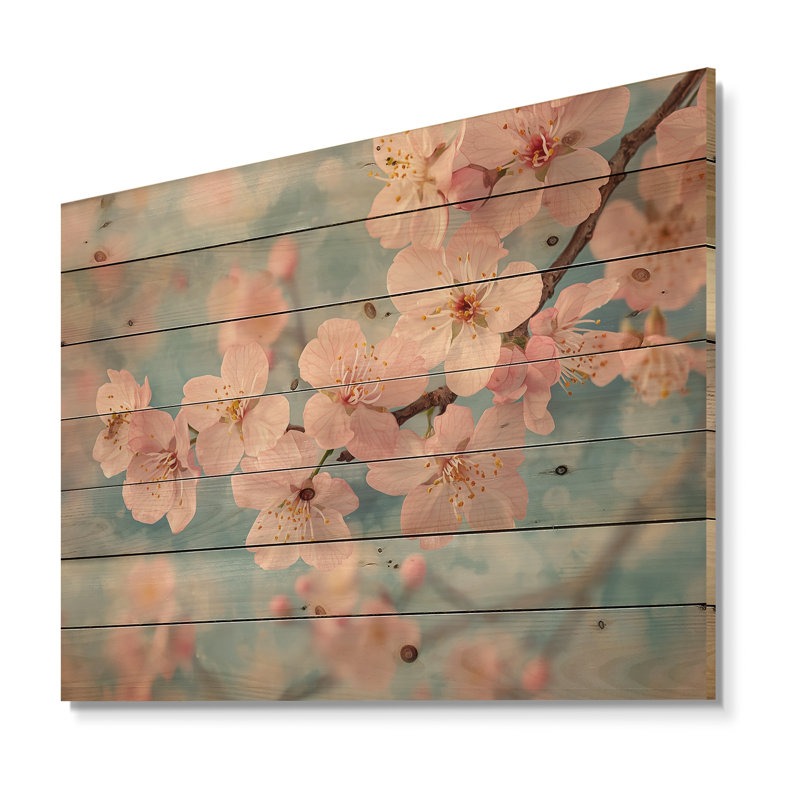 Fleur de cerisier rose, arrivée de printemps - décoration murale en bois de cerisier en fleurs - sur bois de pin naturel
