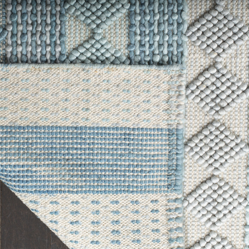 Tapis géométrique beige / bleu en laine / coton tissé à la main Jacques Natura, Rectangle 8 pi x 10 pi