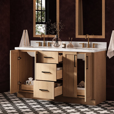   Kayleigh 61 Inch Double Rectangle Sink Bathroom Vanity with Carrara White Marble Countertop 1.5 Inch in Natural Oak