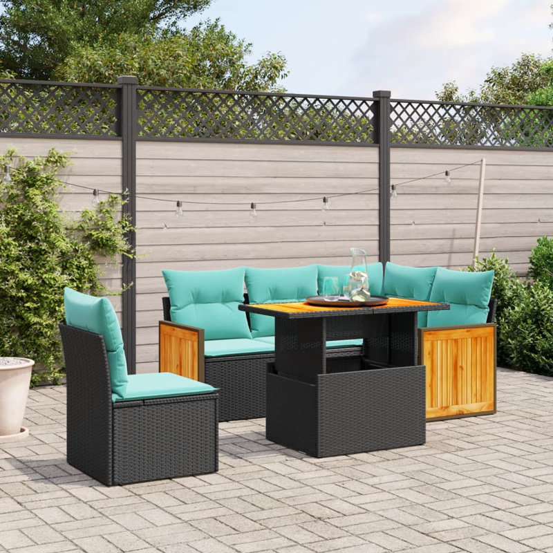  Ensemble de canapé de patio 6 pièces avec coussins en rotin de polyester, Noir, Vert