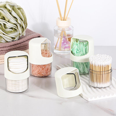 Rotating Qtip Holder Dispenser, Vanity Organizer with Canisters, Bathroom Essentials Accessories Decor, 4 Pack, (Beige)