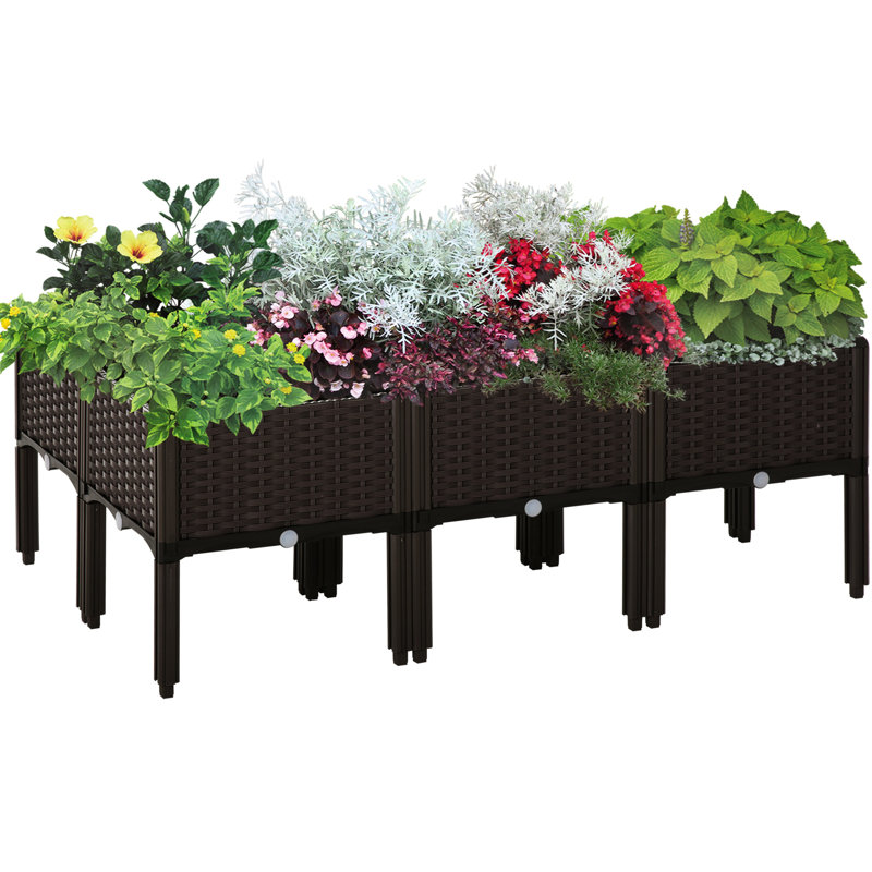 Ensemble de jardinière surélevée - 6 jardinières surélevées à arrosage automatique pour fleurs et herbes aromatiques d'extérieur. Compactes et pratiques. Dimensions : 39,5 cm (L) x 44,9 cm (L) x 44,9 cm (H). En polypropylène. Motifs végétaux.