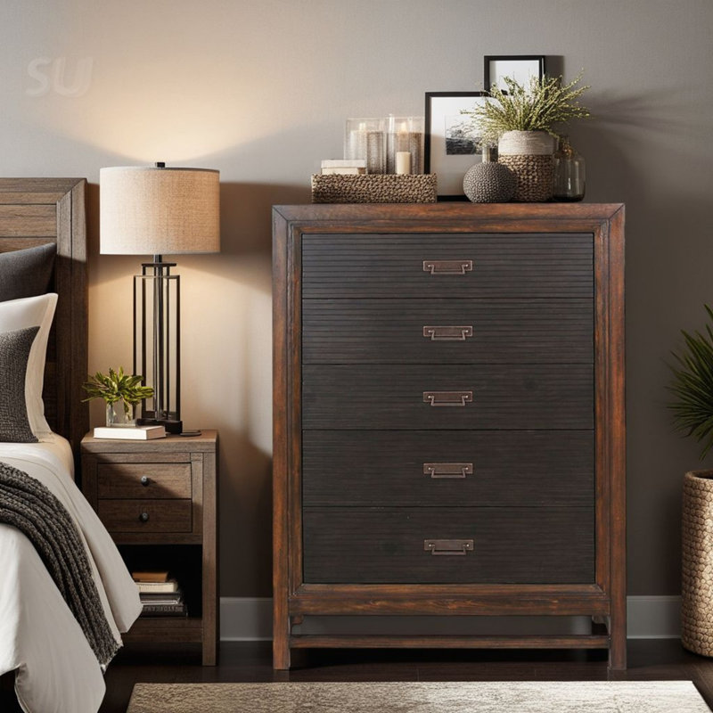 Commode à cinq tiroirs sans assemblage, finition à deux tons, parfaite pour un décor rustique et moderne