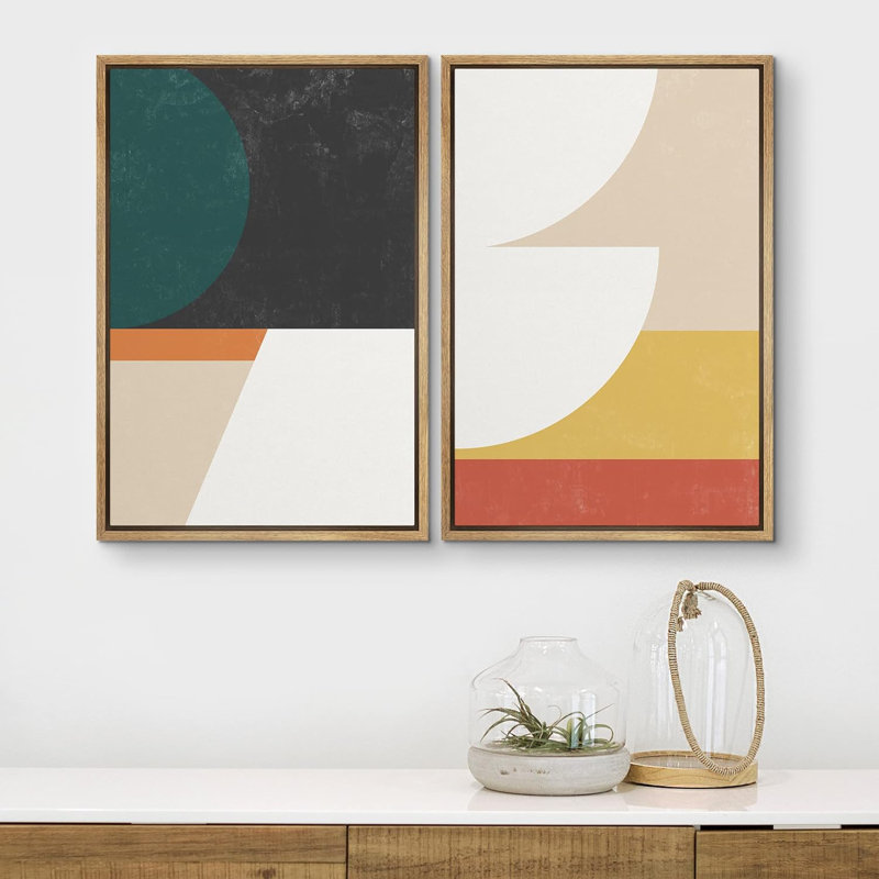 Mid Century Shape " Mid-Century Geometric Multicolor Block Abstract Shapes Modern " 2 - Pieces, 36" H x 48" W x 1.5" D