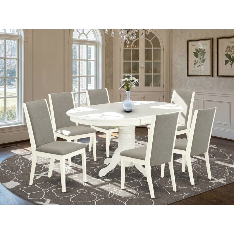 7 Piece Dining Room Furniture Set Consist of an Oval Wooden Table with Butterfly Leaf and 6 Shitake Linen Fabric Parson Chairs, Linen White