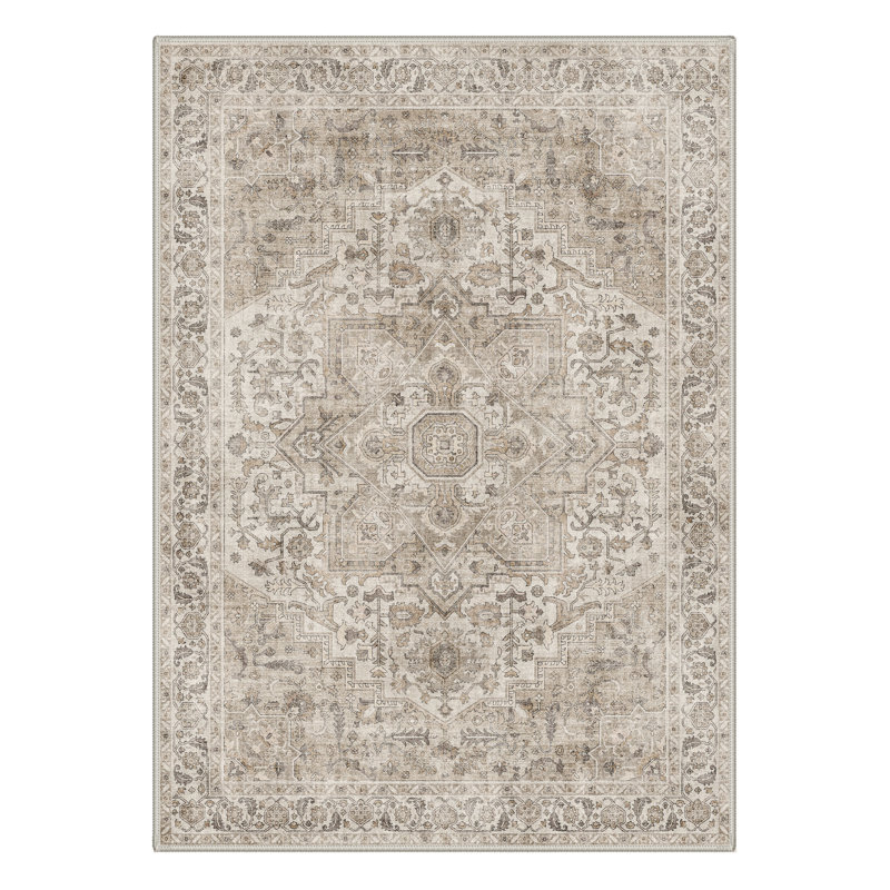 Mosaic Modern Machine Washable Brown / Beige Indoor Area Rug with Non-Slip Backing, Rectangle 5' x 7'