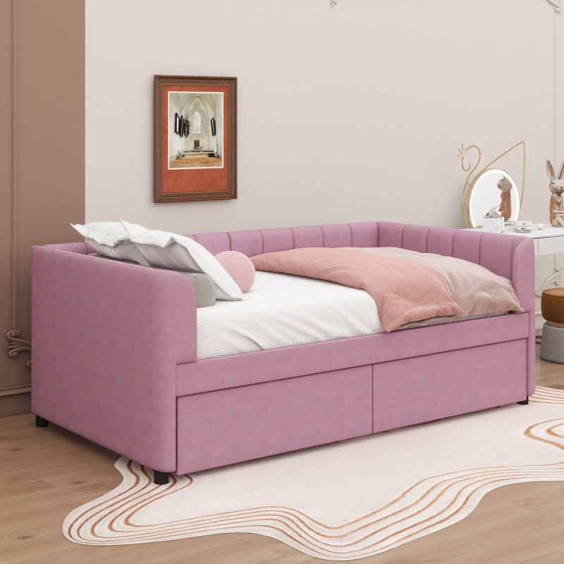 Lit de jour simple à coussin avec dossier ergonomique et 2 tiroirs, Rose
