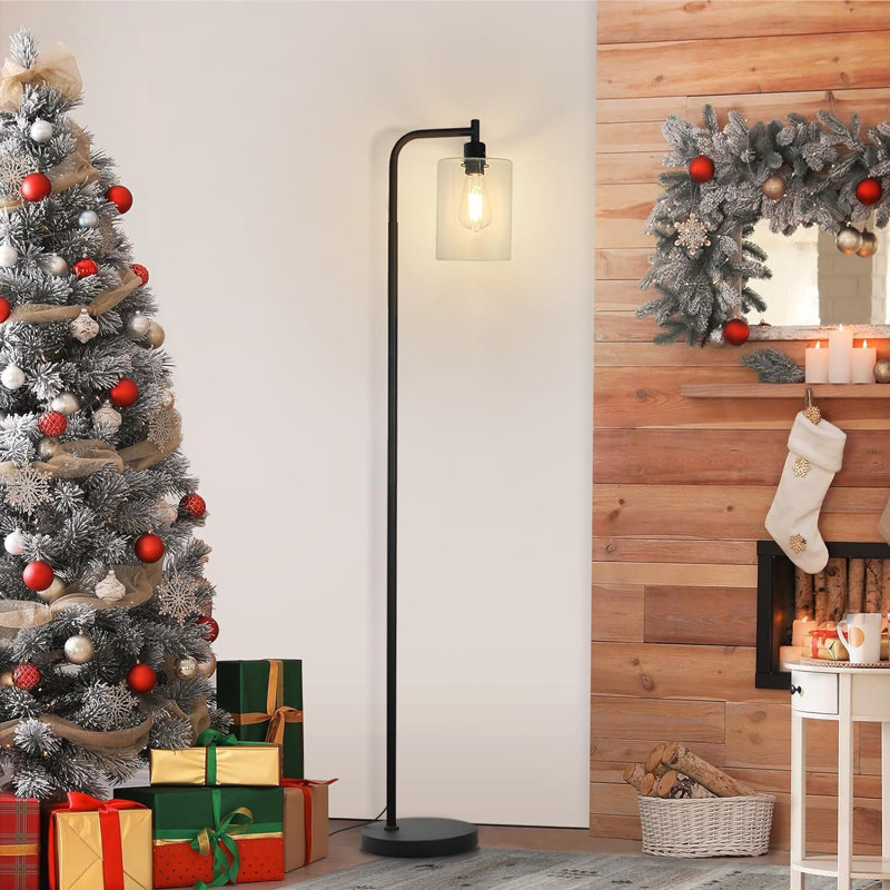 Industrial Floor Lamp, Modern Standing Lamps With Hanging Clear Glass Shade, Classic Reading Tall Pole Light For Living Room Bedroom, Black