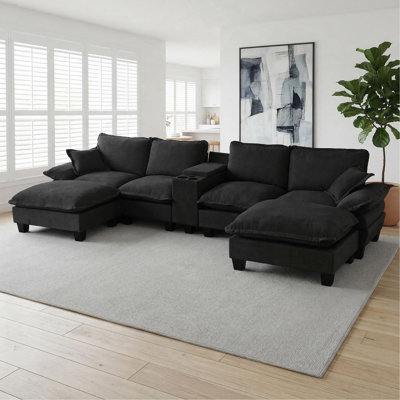 Canapé modulaire Cloud, canapé voilier en forme de U avec porte-gobelets et rangement, port USB, 2 repose-pieds et 2 coussins, chenille pour appartement et salon