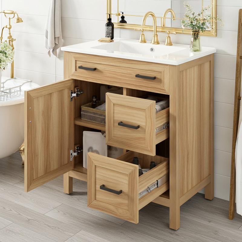 30" Wood Bathroom Vanity with Solid Wood Frame, 1 Soft Close Doors, 2 Soft Close Drawers, Adjustable Shelf, Modern Storage Cabinet