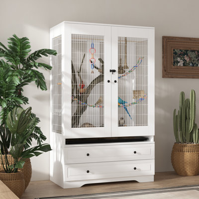White Large Floor Bird Cage with Removable Tray, Gridded Base, and Storage Drawers