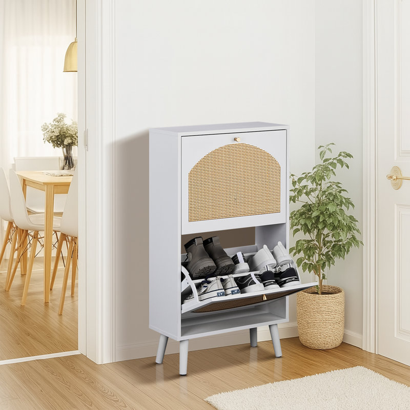 Rattan Shoe Storage Cabinet, White, 38.6" H X 21.3" W X 9.5" D