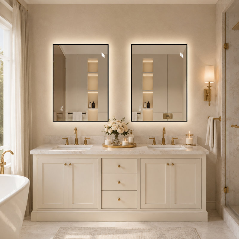 Miroir de salle de bain 32 po x 24 po avec cadre noir rétroéclairé et rétro-éclairé