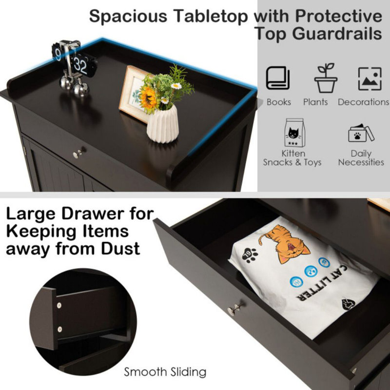 Brown Wooden Cat Litter Box Enclosure with Drawer and Side Table