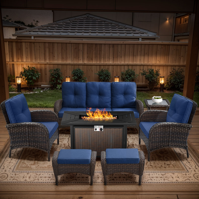 Aluel 7-Pieces Outdoor Wicker Patio Conversation Furniture Set with Rectangular Fire Pit Table, Blue