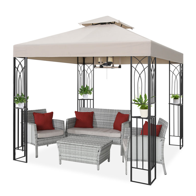 Beige 8x8 Metal Patio Gazebo with Double Roof